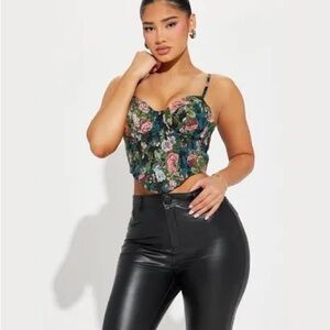 🌷New Sz M women floral ruched mesh straps zip up crop casual corset top